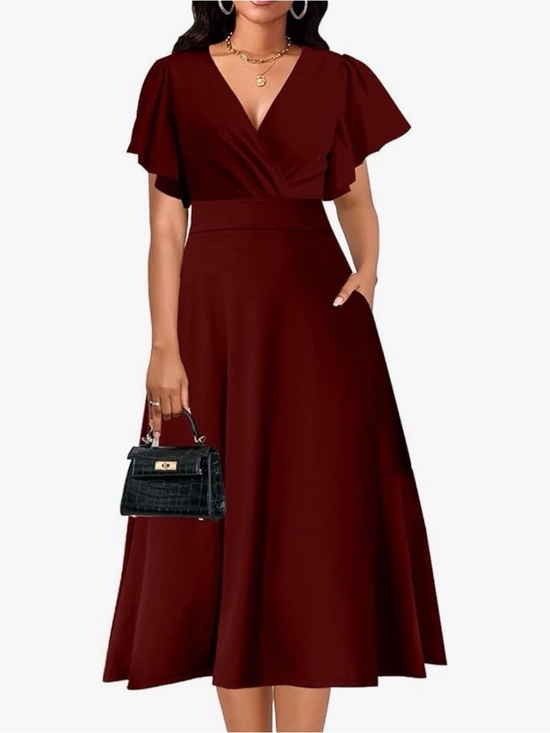 Dresses & Skirts - Elegant Deep Wine V-Neck A-Line Midi Dress
